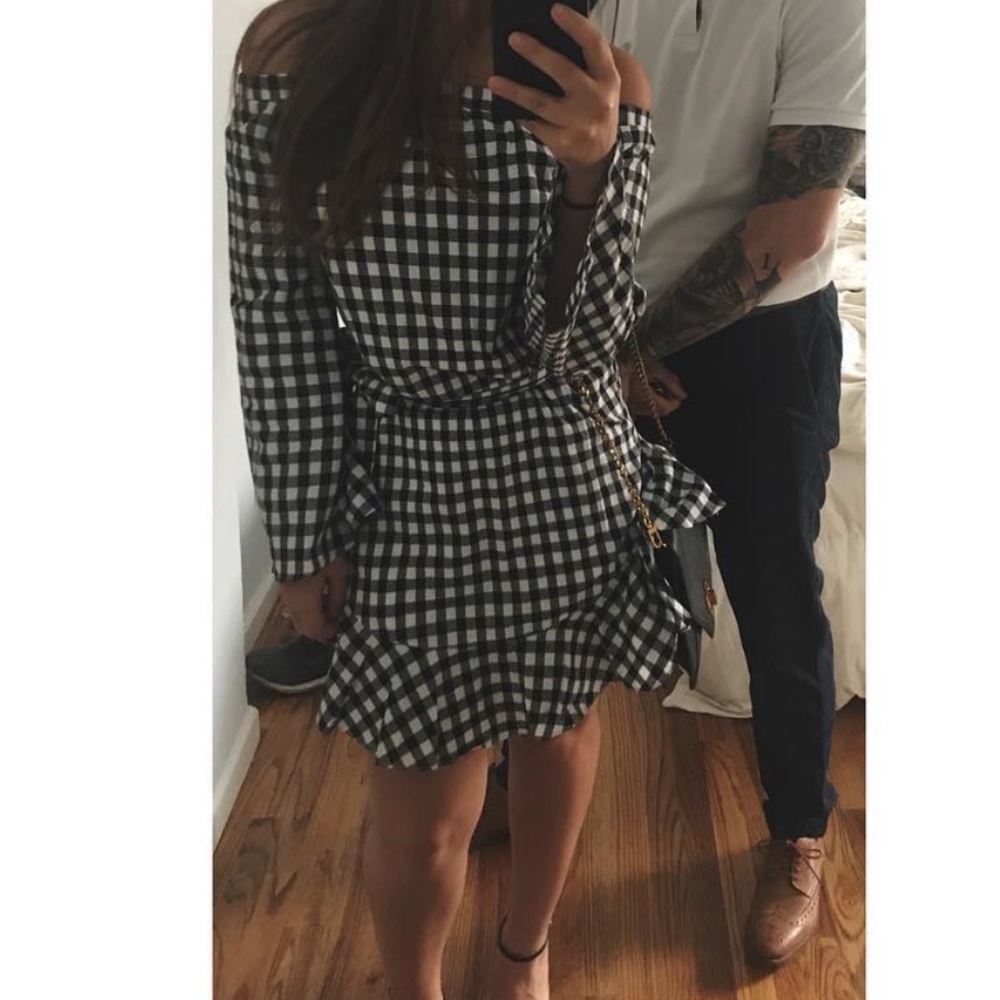 Sabo Skirt/Sabo Black & White Gingham Off-Shoulder Tie-Waist Dress